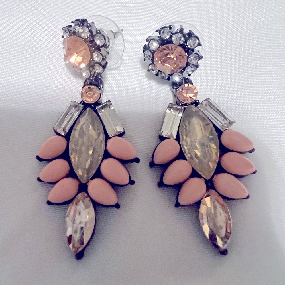 Pink & Rose Gold Colored Drop Earrings with pink beads and clear/pink stones.